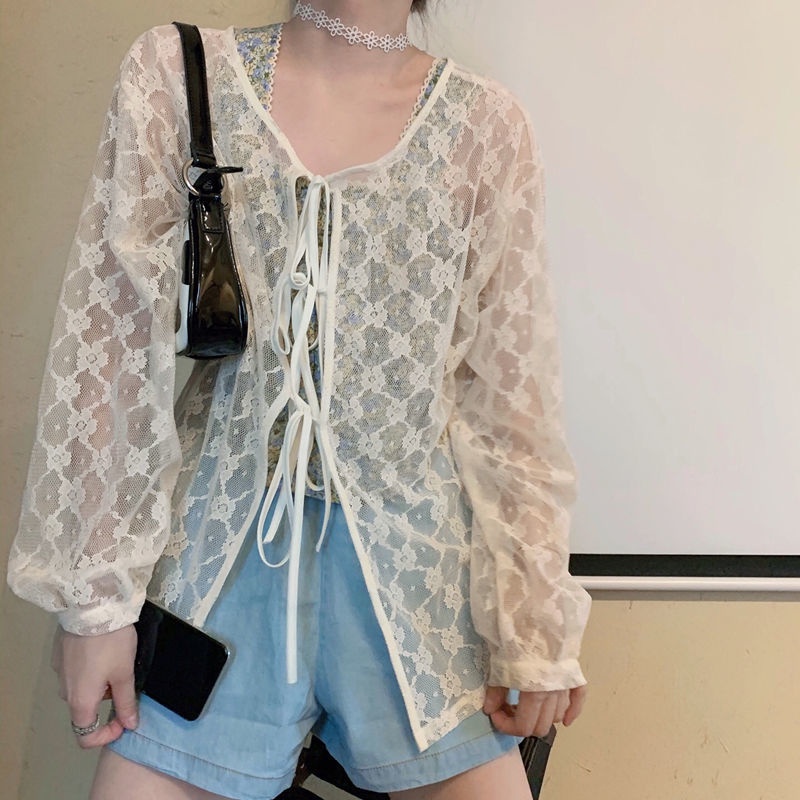 Set áo khoác ren dài tay + áo hai dây hoa phong cách Hàn Quốc xinh xắn cho nữ (có bán lẻ)