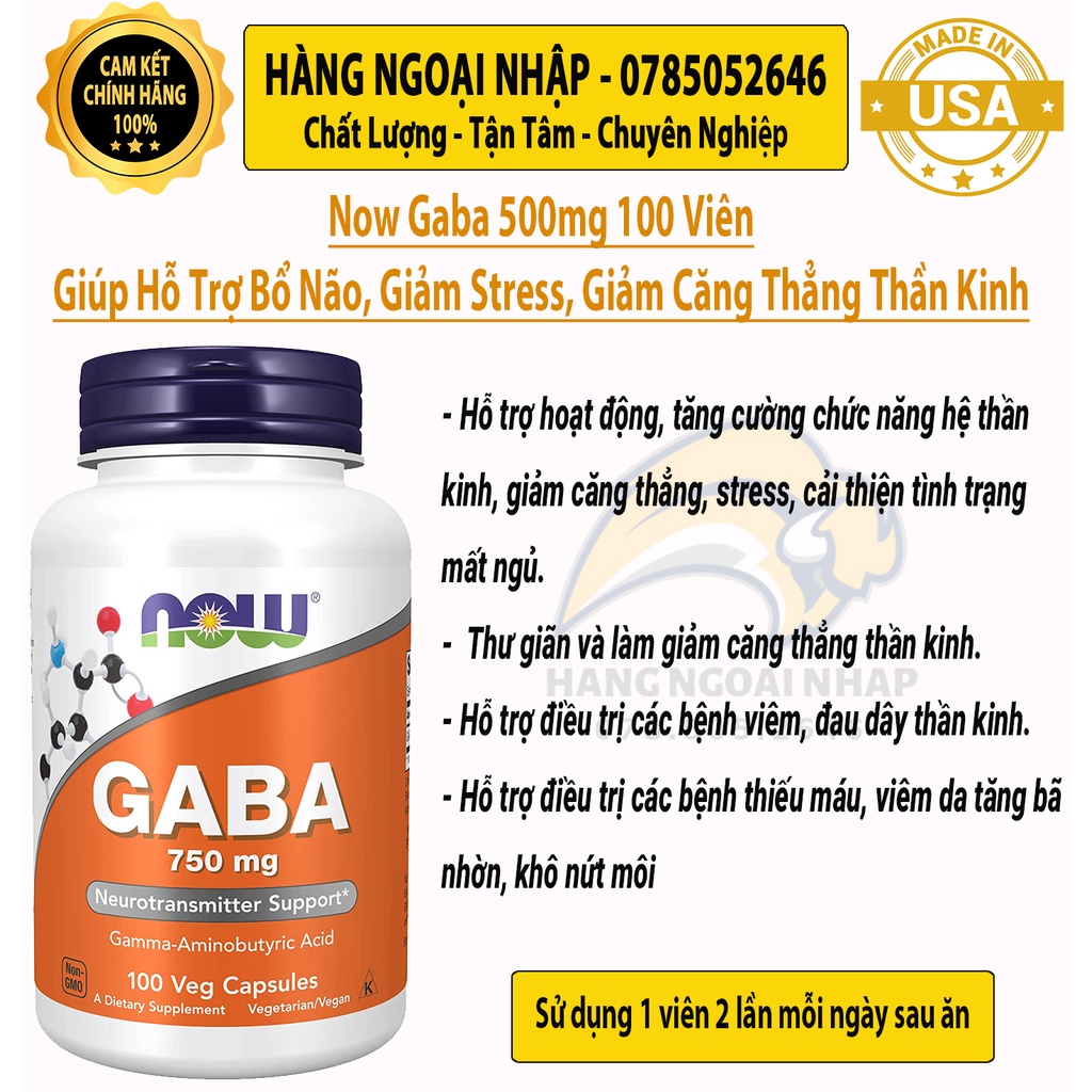 Now GaBa 500mg 100 Viên - Giúp Hỗ Trợ Bổ Não, Giảm Stress, Giảm Căng Thẳng Thần Kinh