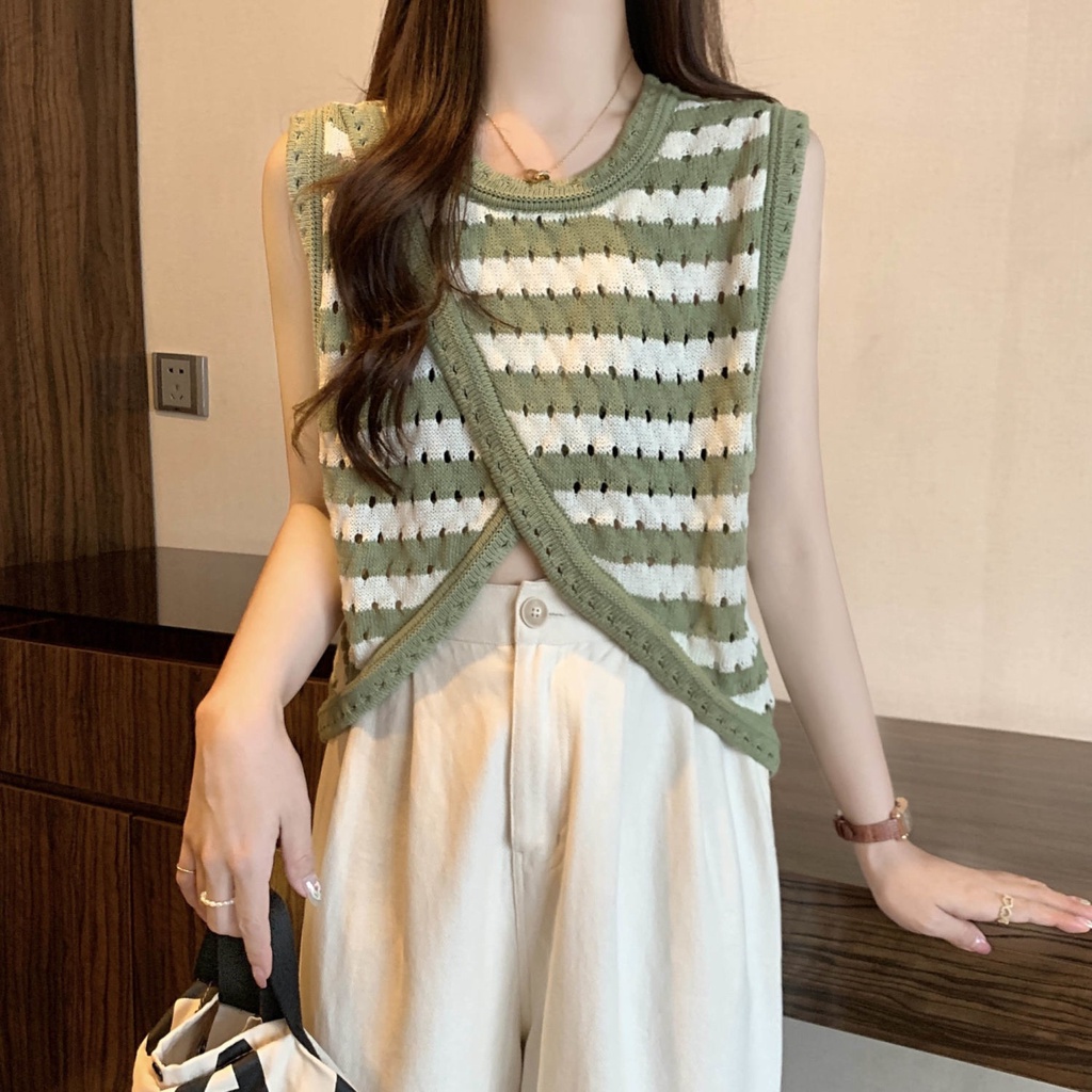 Jiashucheng Áo Sweater Sát Nách Vải Lụa Lạnh Mỏng Phối Dây Đan Chéo Thời Trang Mùa Hè Cho Nữ