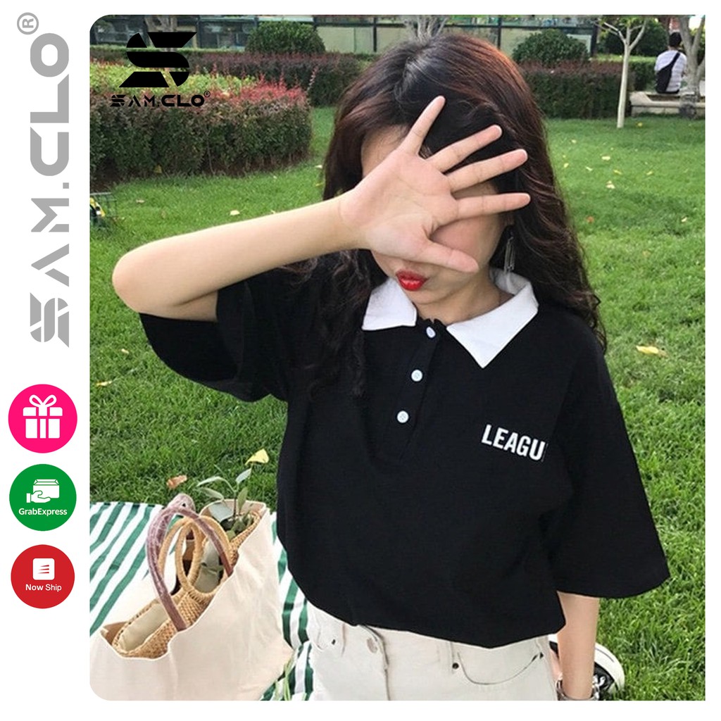 Áo thun Polo tay lỡ SAM CLO có cổ form rộng phông freesize dáng unisex mặc cặp, nhóm, lớp, đi học in chữ LEAGUE | BigBuy360 - bigbuy360.vn