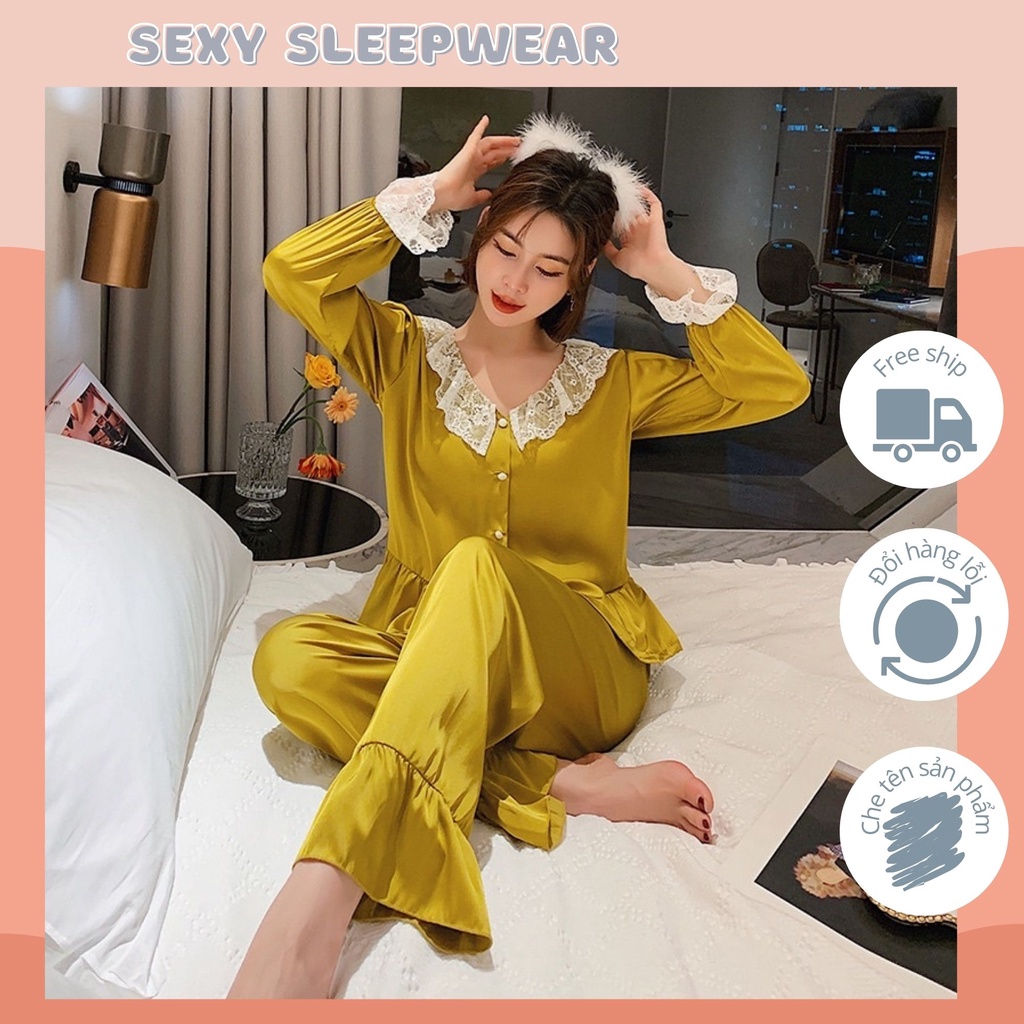 Pyjama tay dài lụa phối ren bèo thoáng mát mặc ở nhà , bộ ngủ cao cấp sang trọng