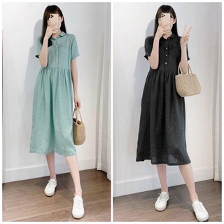 Đầm váy freesize babydoll nút trắng form dài 2 màu