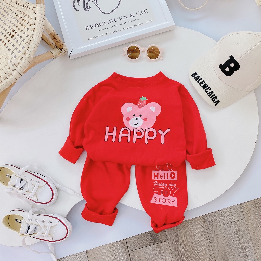 Bộ dài tay cho bé gái mùa thu hình gấu HAPPY 8-18 kg