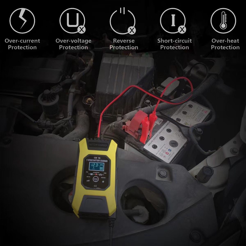 Sạc bình ắc quy ô tô xe máy 12V 7A - 100Ah tự ngắt khi đầy chức năng bảo dưỡng phục hồi ắc quy bằng khử sunfat