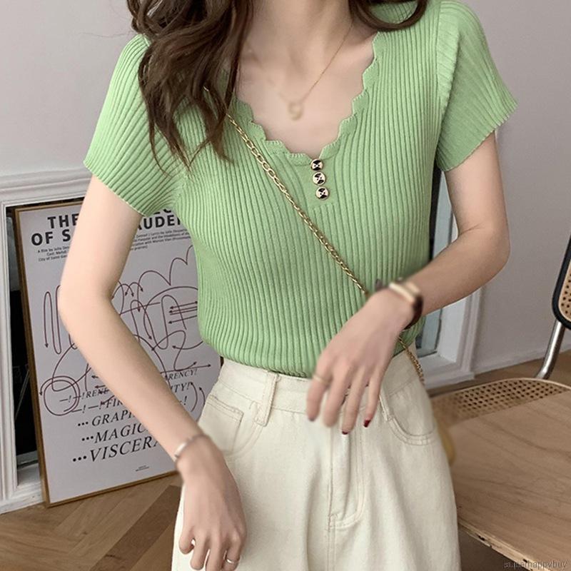 Áo Thun Nữ Ngắn Tay Cổ Chữ V Thời Trang Hàn Quốc