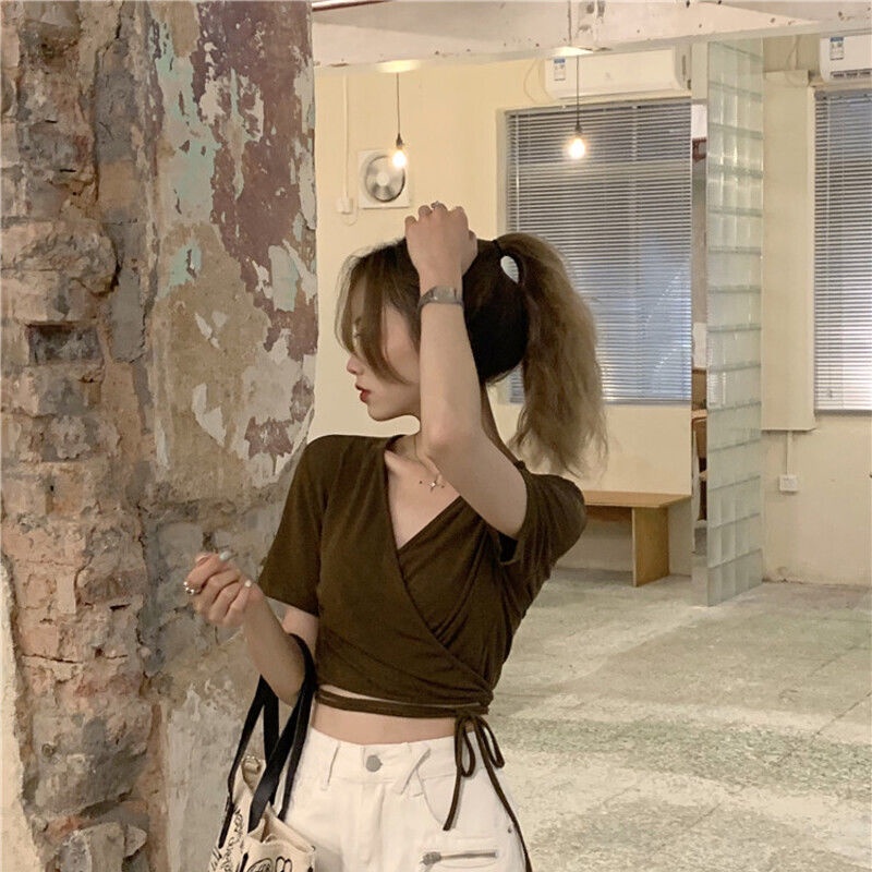 Áo Thun Tay Ngắn Cổ Chữ V Cột Dây Họa Tiết Kẻ Sọc Ca Rô Phong Cách Hàn Quốc Thời Trang Mùa Hè Dành Cho Nữ 2022