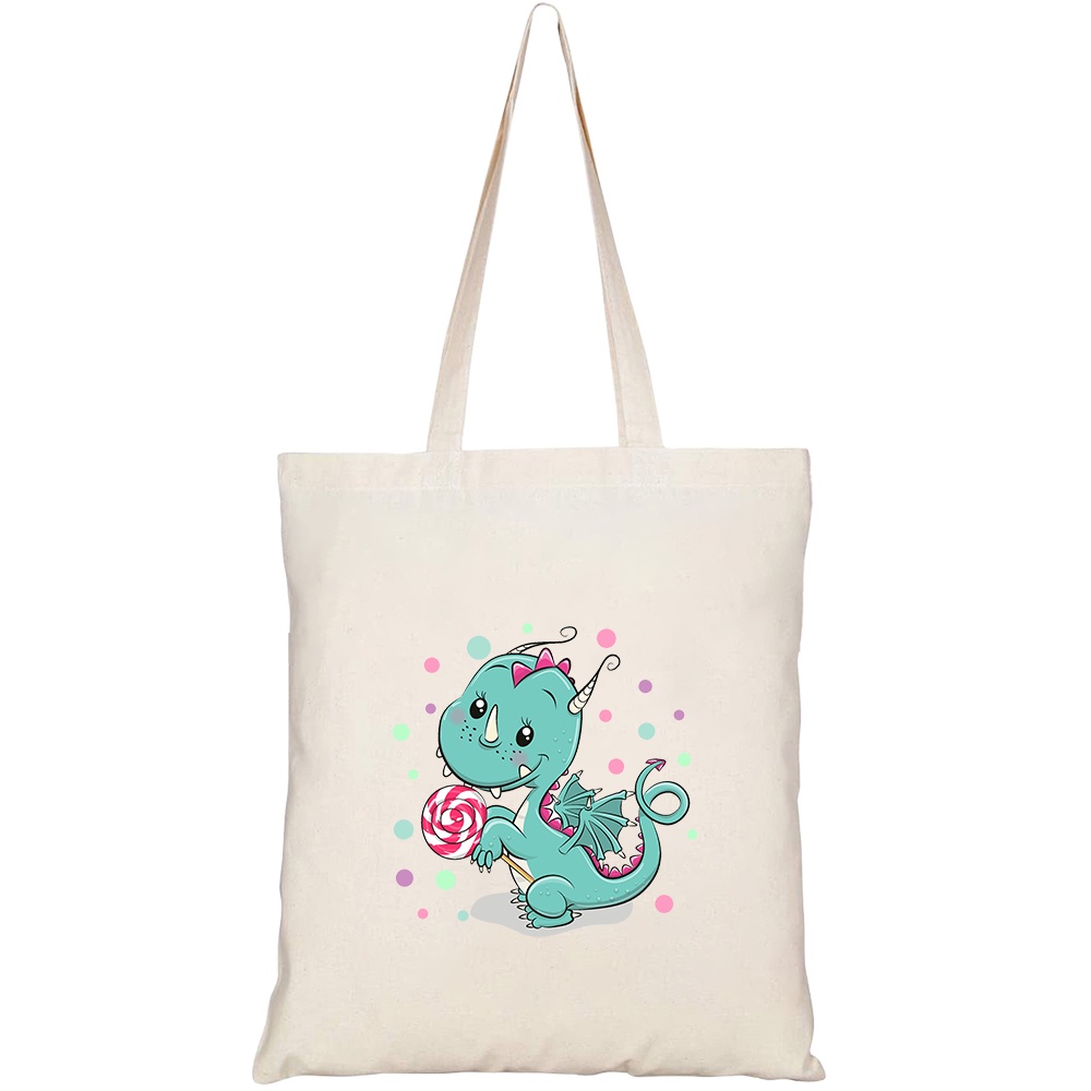 Túi vải tote canvas HTFashion in hình cute cartoon dragon lollipop on HT404