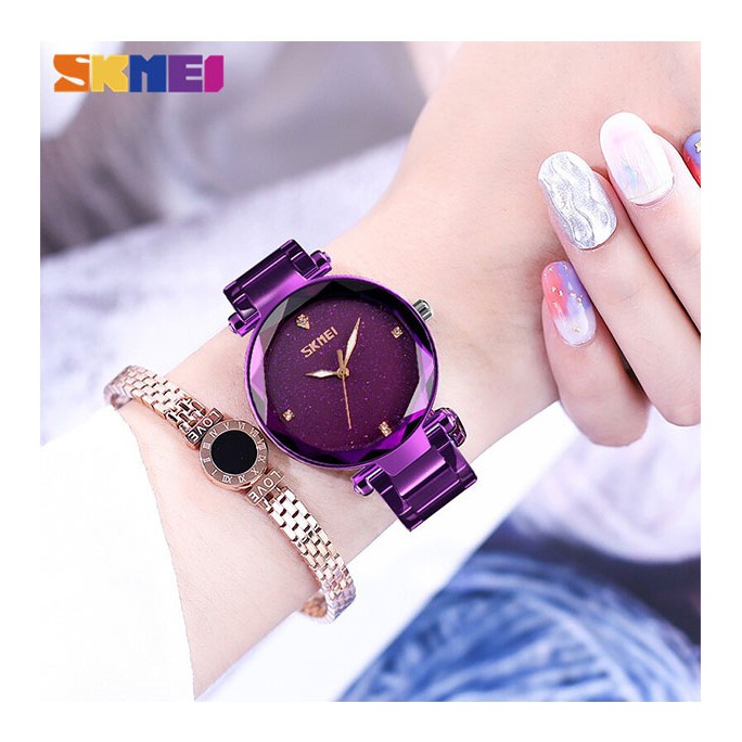 Đồng hồ nữ SKMEI mặt tròn số đá size 34mm dây kim loại không ghỉ kính chống xước chống nước tuyệt đối 9180