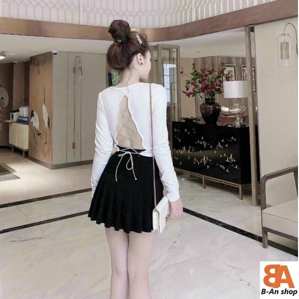 Áo kiểu nữ đan dây lưng chất vải thun Borip có đệm ngực phối cổ cao | BigBuy360 - bigbuy360.vn