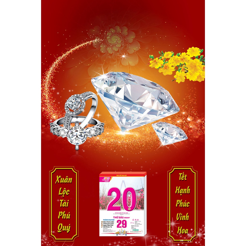 Lịch Gỗ Treo Tường Laminate Tráng Gương 2023 (40x60cm) - Dành Cho Tiệm Vàng Phú Quý Cát Tường