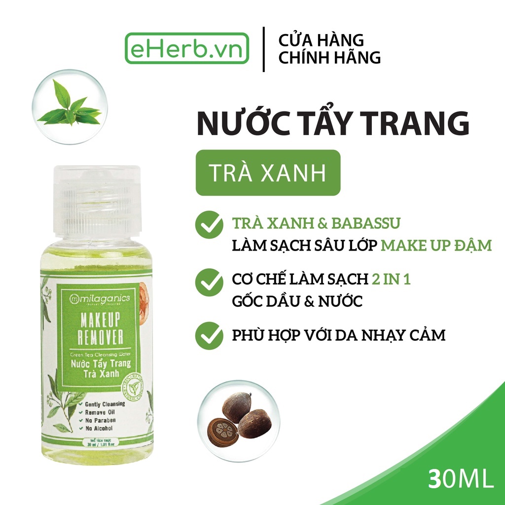 Tẩy trang trà xanh &amp; dầu babasu cho da dầu mụn, dưỡng ẩm không chứa cồn MILAGANICS 30ml (chai)
