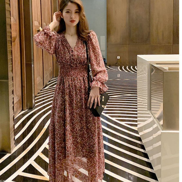 Đầm hoa BH tay dài cổ chữ V phong cách Hàn Quốc thời trang dành cho nữ