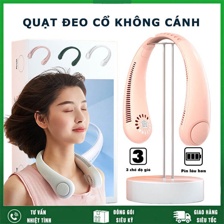 Quạt Đeo Cổ Mini Không Cánh Làm Mát 3 Chế Độ, Pin Trâu 4000mAh, Quạt Treo Cổ Phong Cách Thời Trang