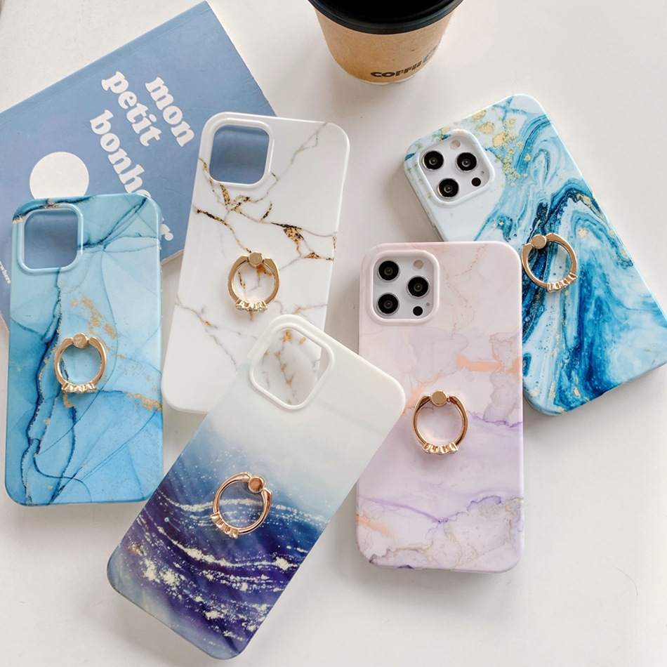 Finger Ring Casing for Iphone 7Plus 8Plus 12 11 Pro XS Max Gold Marble Cases for SE2020 7 8 Plus X XR 11pro 12pro Max Colorful Back Cover Full Protective Fundas