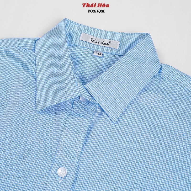 Áo sơ mi nữ công sở ngắn tay đẹp kiểu kẻ caro xanh dương đậm cotton Thái Hoà N65-15-01