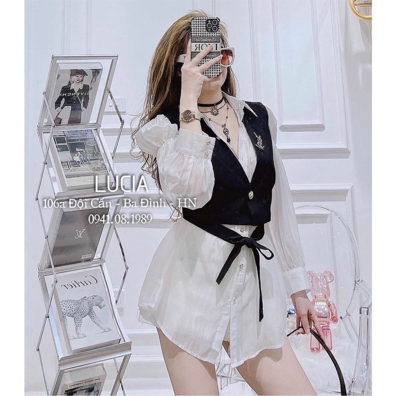 SET ÁO KHOÁC VEST SÁT NÁCH CỘT NƠ + ÁO SƠ MI VOAN FORM DÀI - T4U084