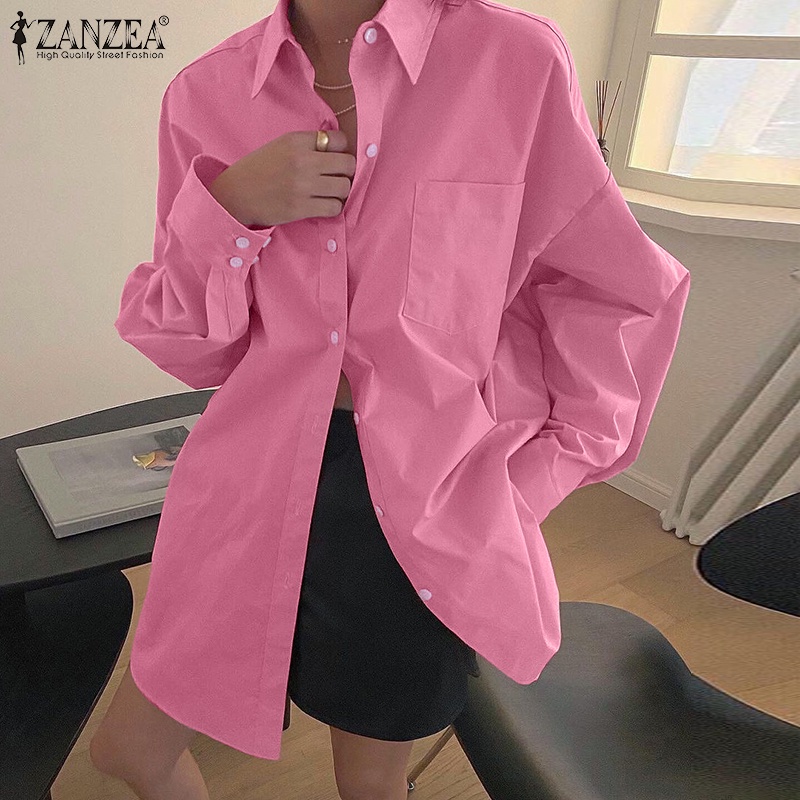 Áo ZANZEA cổ lật tay dài nút cài đơn giản phía trước trang trí túi thời trang cho nữ