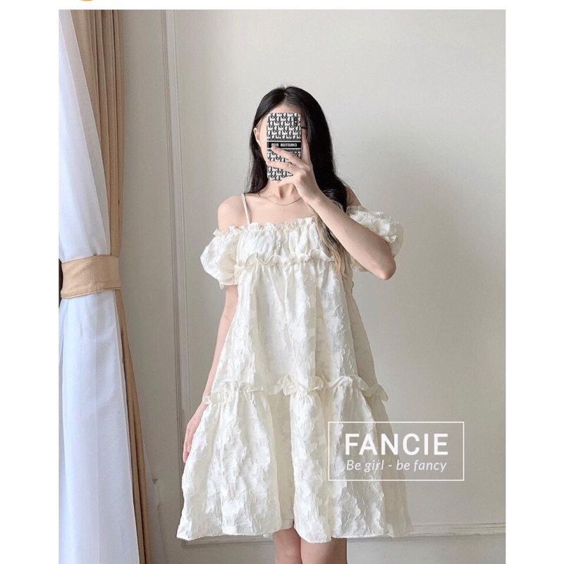 Váy trễ vai dáng xoè hoạ tiết hoa nổi - Đầm trễ vai 2 dây babydoll họa tiết hoa nổi Pea Store