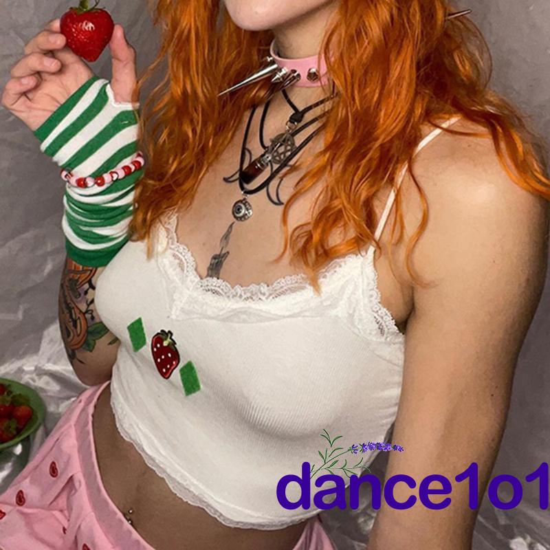 Áo hai dây cổ chữ V họa tiết dâu tây phối ren thời trang cho nữ