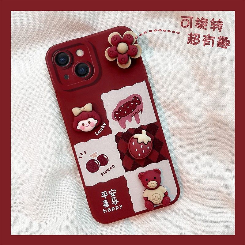 Ốp lưng Iphone đỏ rượu style Hàn gắn charm đỏ cherry cho 13Promax/13Pro/13/12Promax/..../6Plus/6