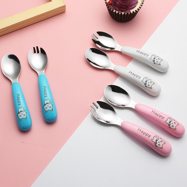 KATELV Bộ 2 Muỗng Nĩa Bằng Thép Không Gỉ Tay Cầm Nhựa An Toàn Cho Bé In Hình Hoạt Hình Dễ Thương