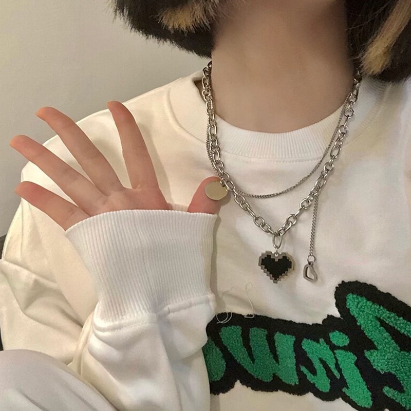 Dây chuyền nhiều lớp màu bạc mặt hình tròn và trái tim phong cách Hàn Quốc thời trang cho nữ