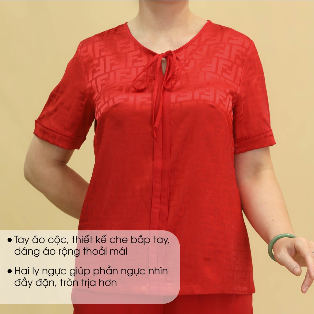 Đồ Bộ Trung Niên Nữ Lụa Họa Tiết Cao Cấp ANCHI B30 Đỏ, Bộ Mặc Nhà Quà Tặng Cho Mẹ