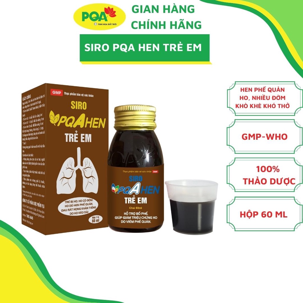 Hen trẻ em PQA hỗ trợ bổ phế, giúp giảm triệu chứng ho do viêm phế quản, hen suyễn, hen do dị ứng thời tiết. Hộp 60 ml