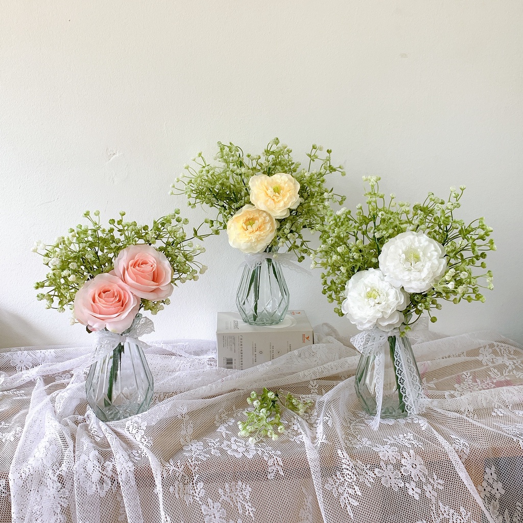 Bình hoa, lọ hoa thủy tinh cắm kèm hoa hồng Rose cao 32cm thiết kế sang trọng để bàn tiệc, bàn trà, bàn trang điểm,kệ tủ