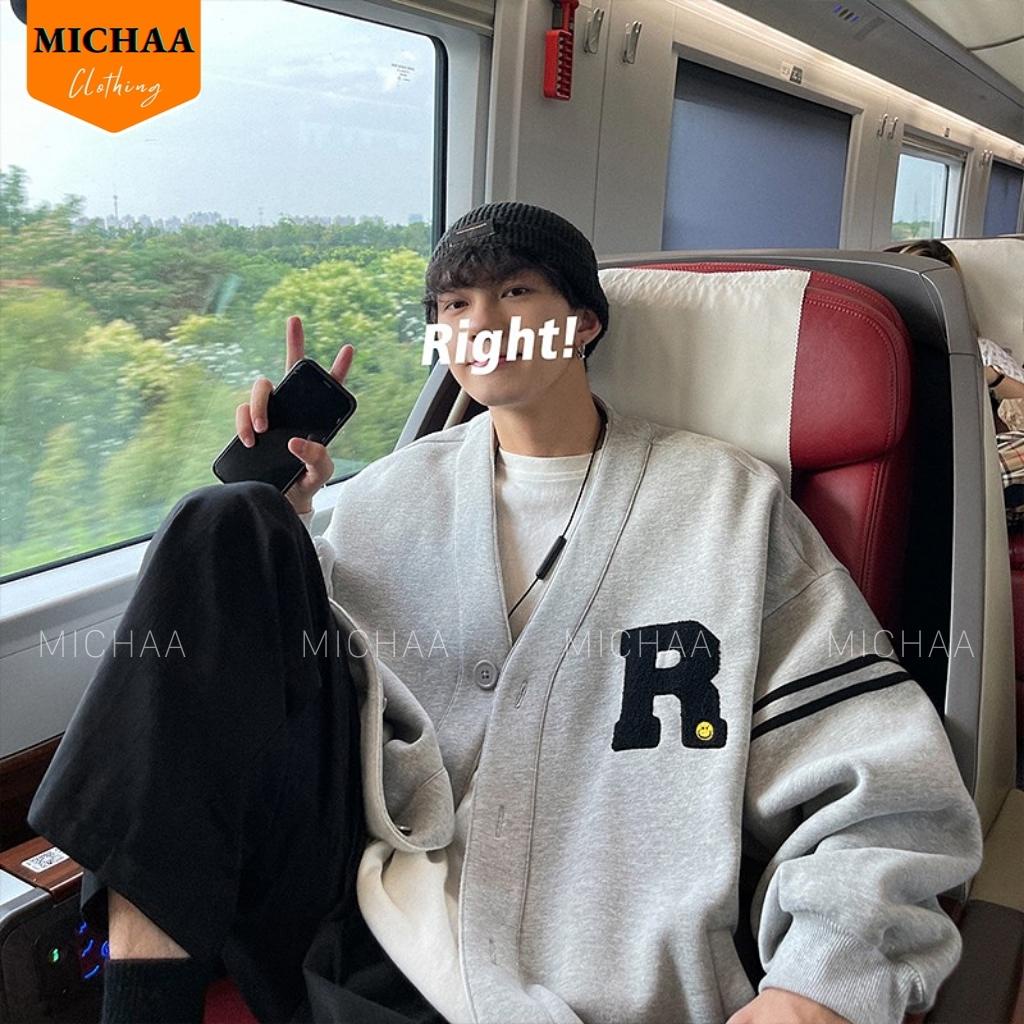 Áo Khoác Cardigian Nỉ CHỮ R THÊU MẶT CƯỜI Nam Nữ Form Rộng - MICHAA