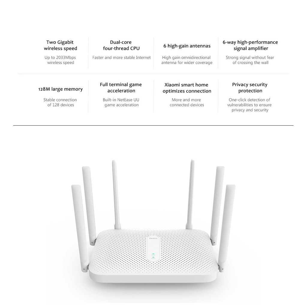 ▣Bộ Định Tuyến Ăng Ten Thu Sóng Wifi Xiaomi Redmi Không Dây AC2100 2033mbps 2.4G 5G 6 Băng Tần Kép 128mb