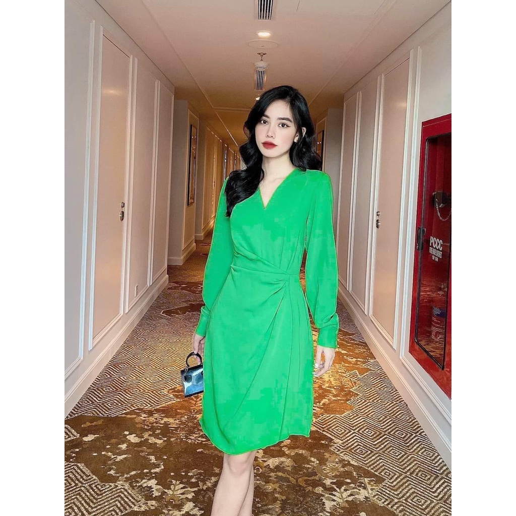 Váy MNG nhún eo màu xanh lá vải dư mềm mát