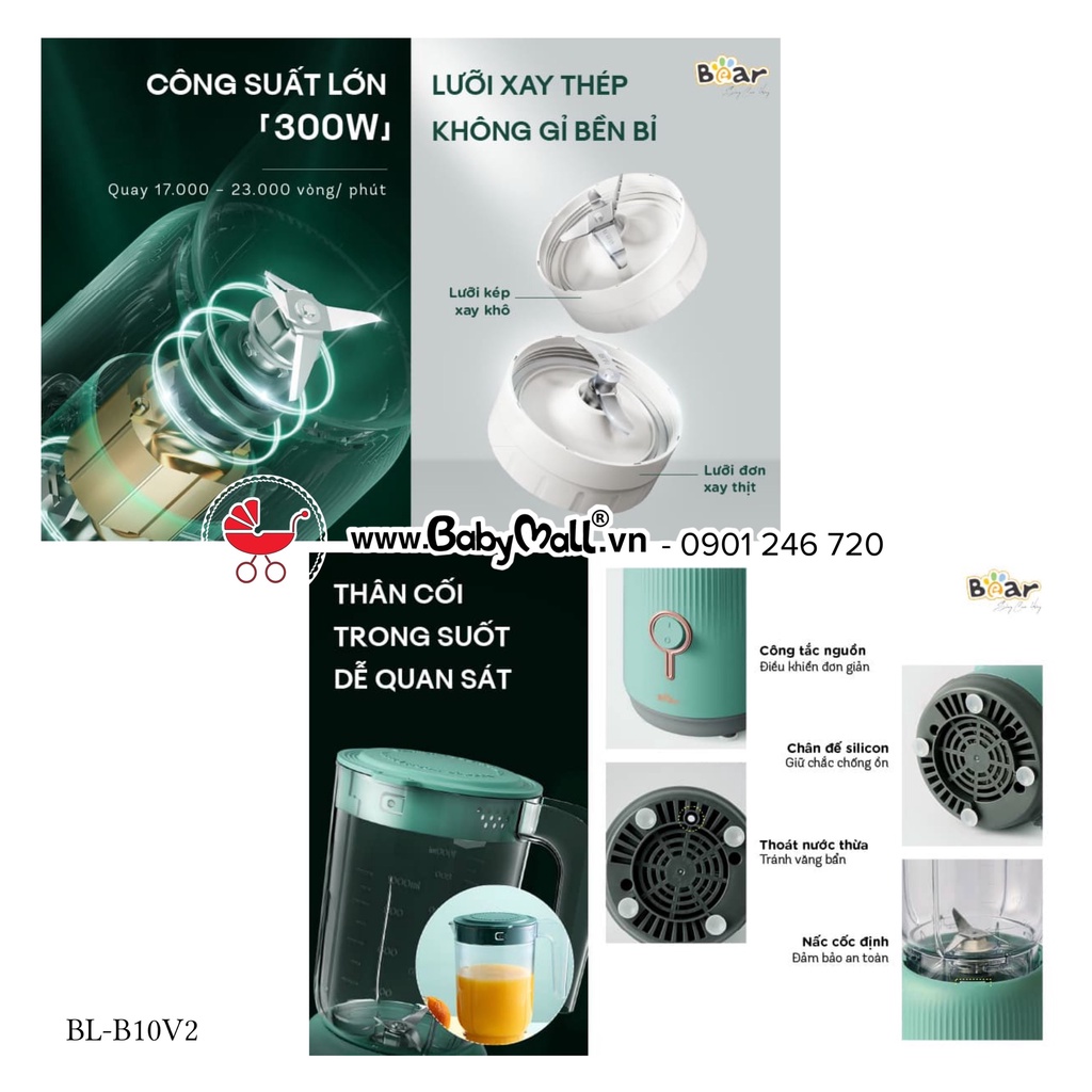 Máy Xay Sinh Tố Bear 3 Cối Model LLJ C10P1 (BL-B10V2), LLJ-C04J1 Cao Cấp Dành Cho Bé Ăn Dặm Hàng Quốc Tế