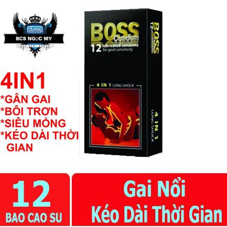 Bao cao su Boss 4 in 1, gân gai, siêu mỏng, kéo dài thời gian, hộp 12 cái