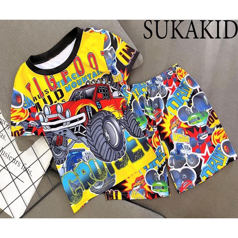 Đồ bé trai in chuyển nhiệt 3D chất liệu thoáng co giãn 4 chiếc xe,Among.pikachu cho bé từ 6kg đến 40kg.TN02.