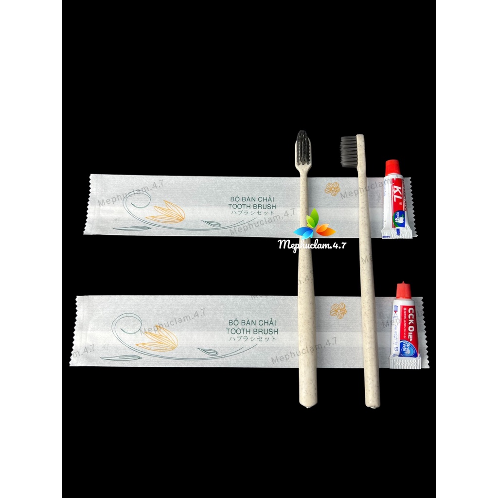 100 bàn chải cán bầu cước đen mã BC005 kèm kem đánh răng đút túi giấy hoa tự hủy in chữ cho khách sạn, nhà nghỉ,...