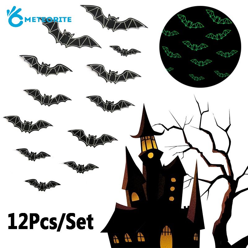 Set 12 Sticker Dán Tường Hình Dơi Đen Phát Quang Trang Trí Halloween