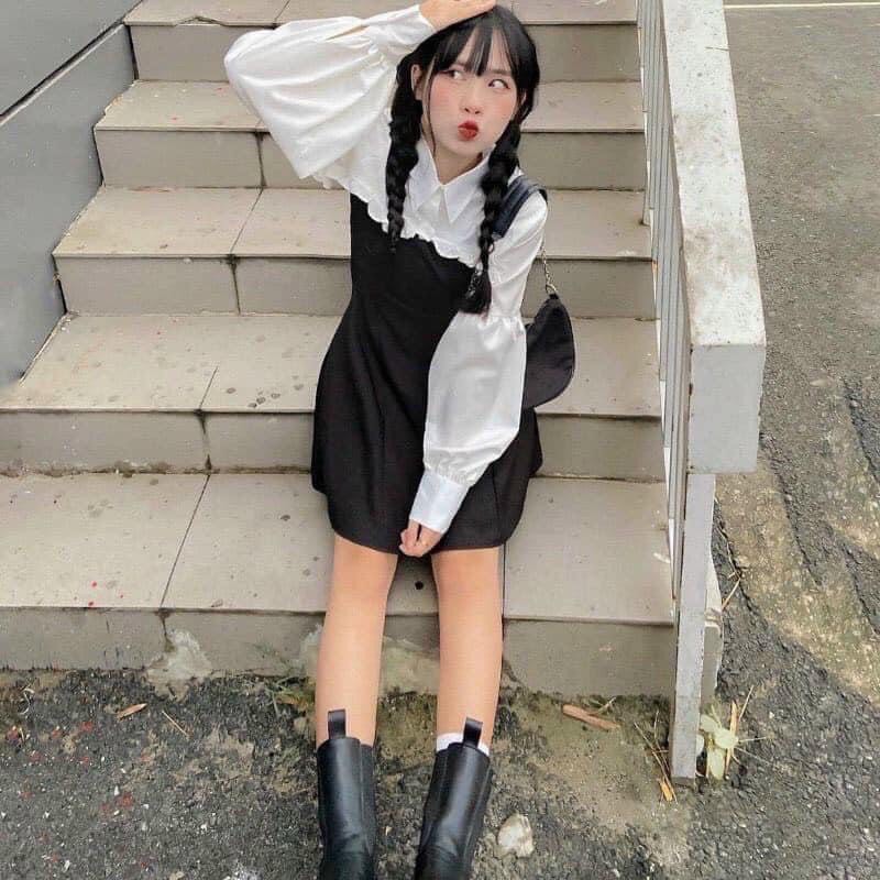 Set áo croptop sơ mi bèo trắng dài tay mix váy 2 dây xòe thời trang nữ diện thu