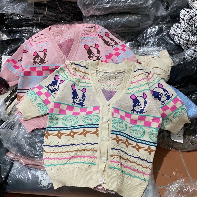 Áo len hoạ tiết cài cúc, Cadigan ngắn tay khuy giữa vải len mịn co giãn AL1464 - NhiNhi Shop