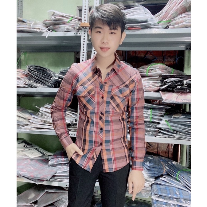 Áo sơ mi bbr dài tay nam , kẻ sọc caro 2 túi ngực , chất liệu cotton không phai màu hay xù lông