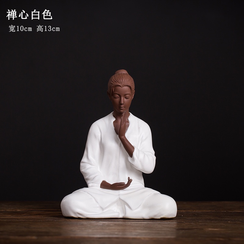 Tượng Nữ tăng nhân ngồi thiền chắp tay bái phật- Tượng gốm tử sa trang trí decor ghép lũa tiểu cảnh