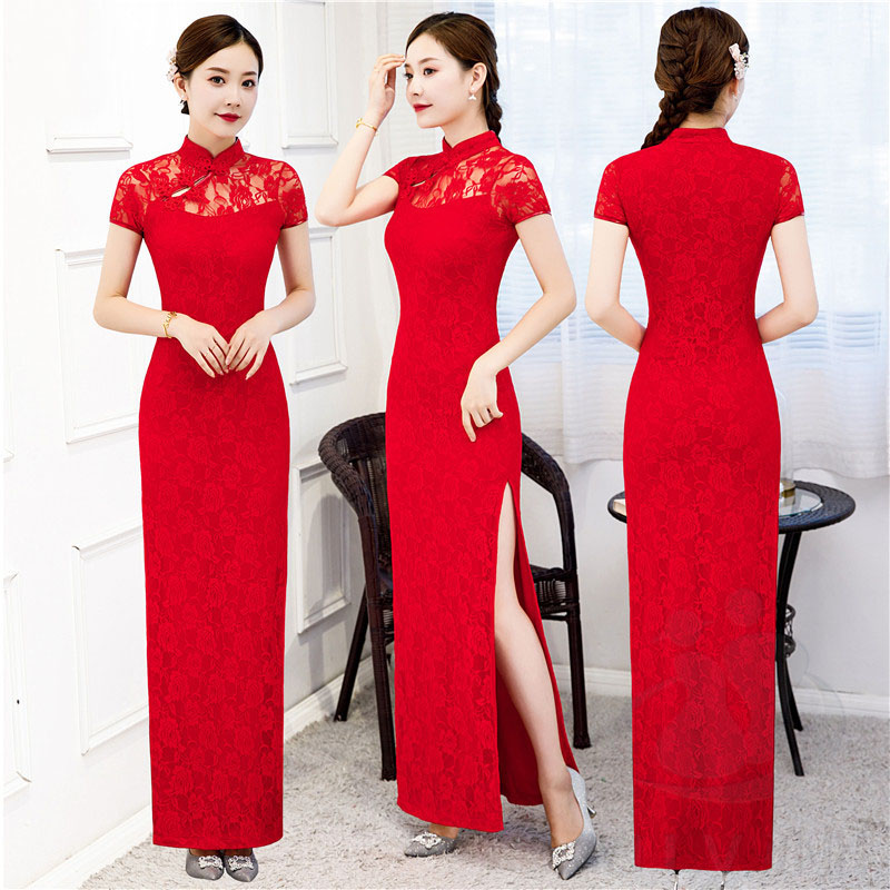 Trational Women Cheongsam Short-sleeve Vintage Long Dress Costumes Elegant Plus Size Dresses S To 5XL Black Red