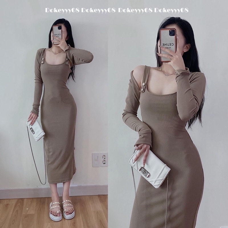 Set váy body khuy vai dáng dài co giãn