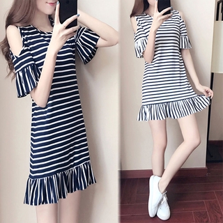 Đầm Đuôi Cá Dáng Chữ A Tay Ngắn Dáng Rộng Viền Bèo Họa Tiết Kẻ Sọc Thời Trang Mùa Hè Hàn Quốc Mới 2020 Cho Nữ Sinh