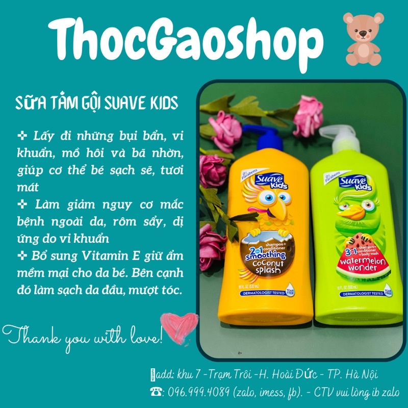 Sữa tắm gội 2 trong 1 suave kids đủ size 532ml/1.8L đủ mùi táo, dưa, dừa