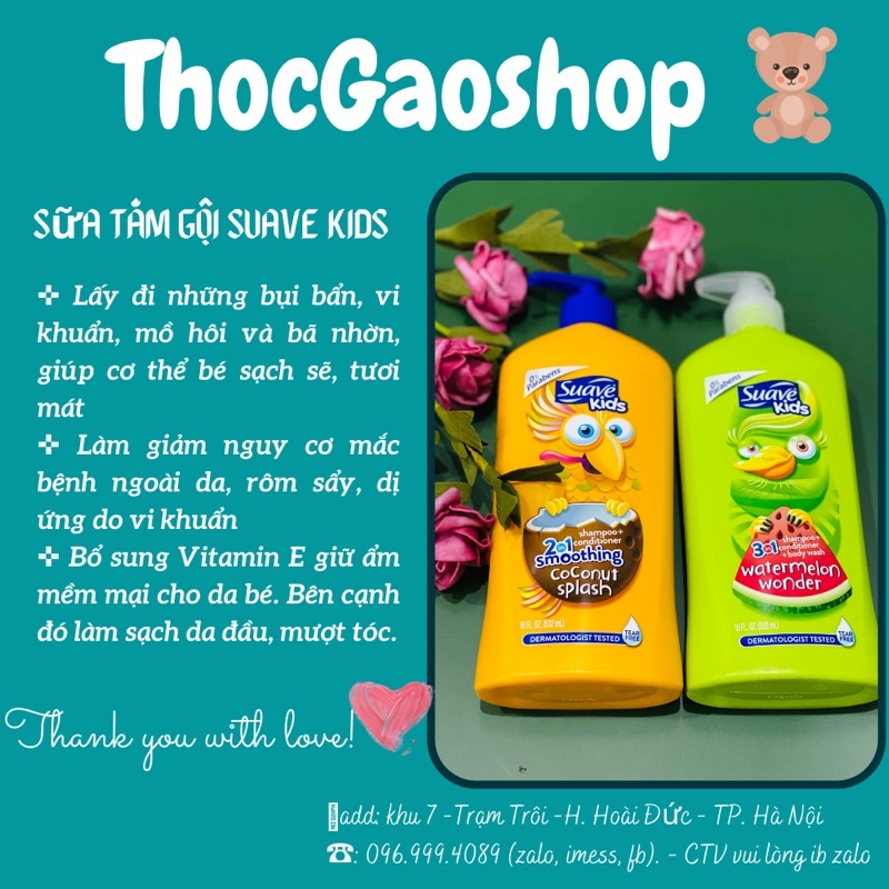 Sữa tắm gội 2 trong 1 suave kids đủ size 532ml/1.8L đủ mùi táo, dưa, dừa