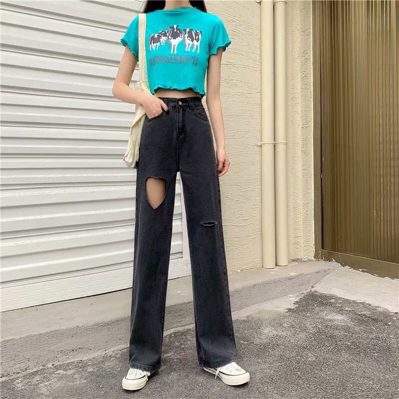 DEAL SỐC_Quần Jeans Nữ Ống Suông Đen Cắt Tim Cao Cấp OHS3902
