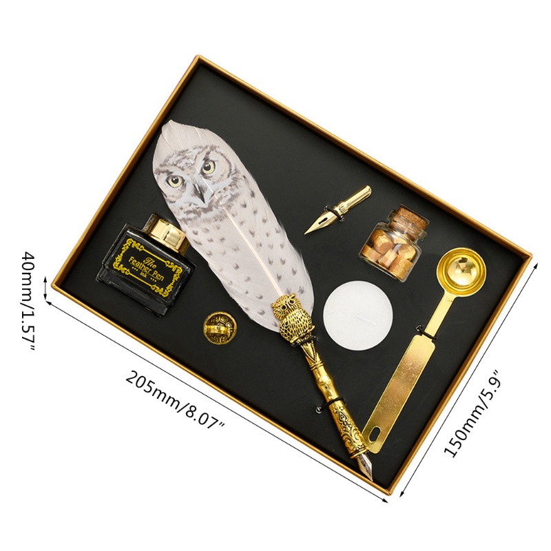 Hộp Bút Thư Pháp Hình Chim Cú Lông Vũ Thư Pháp Cổ Điển Với Ngòi Sáp Đóng Dấu Niêm Phong