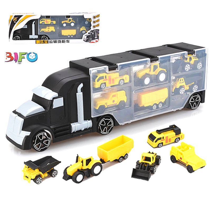 Hộp ôtô đồ chơi xe container vận chuyển xe ô tô và trực thăng (6 chiếc), ôtô đồ chơi, đồ chơi bé trai từ 2-6 tuổi