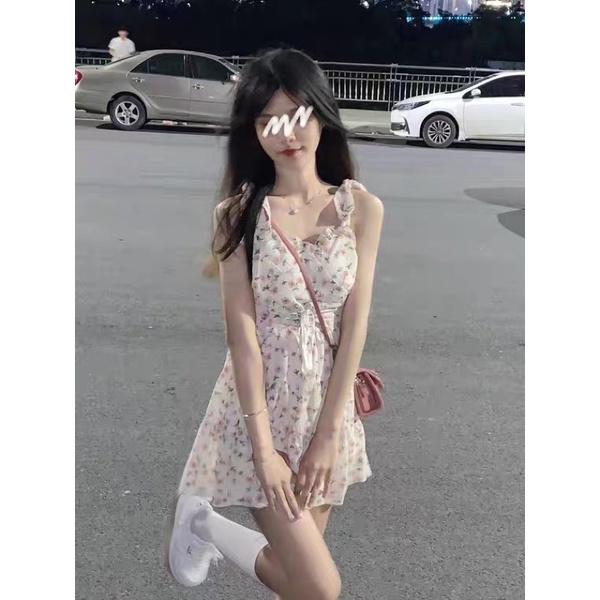 Đầm hoa hai dây cột eo váy đầm dáng ngắn xoè cho nữ